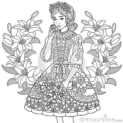 Beautiful young girl and lily flowers Vector Illustration